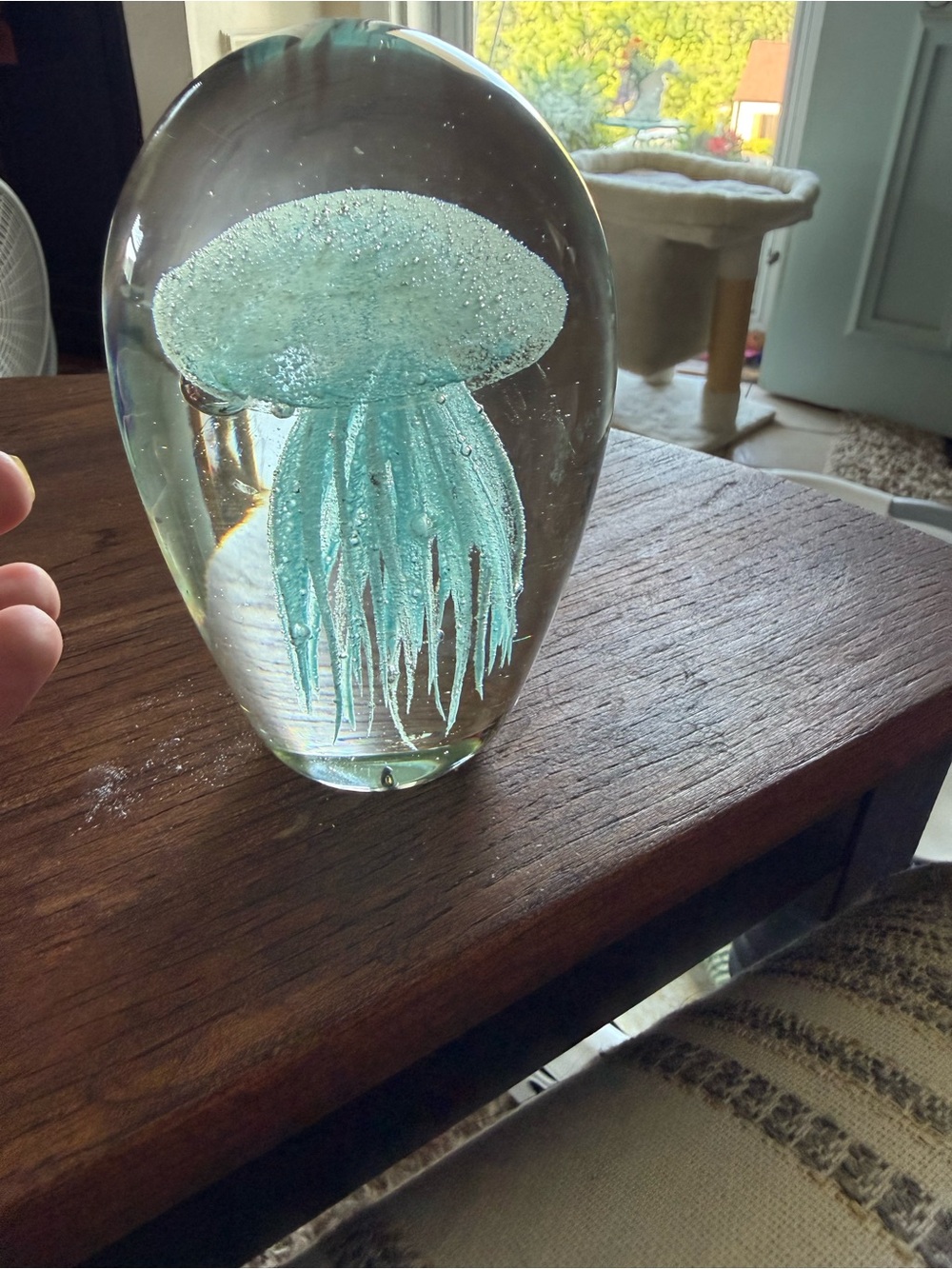Handblown Glass Jellyfish Paperweight - Aqua glow in the dark
